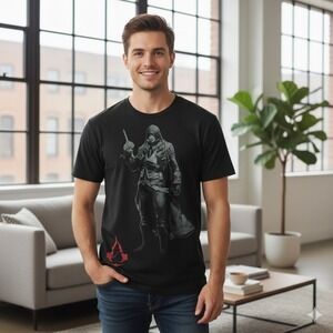 Assassin's Creed Ezio/Hooded Assassin Graphic T-Shirt Black Men's Video Game Tee